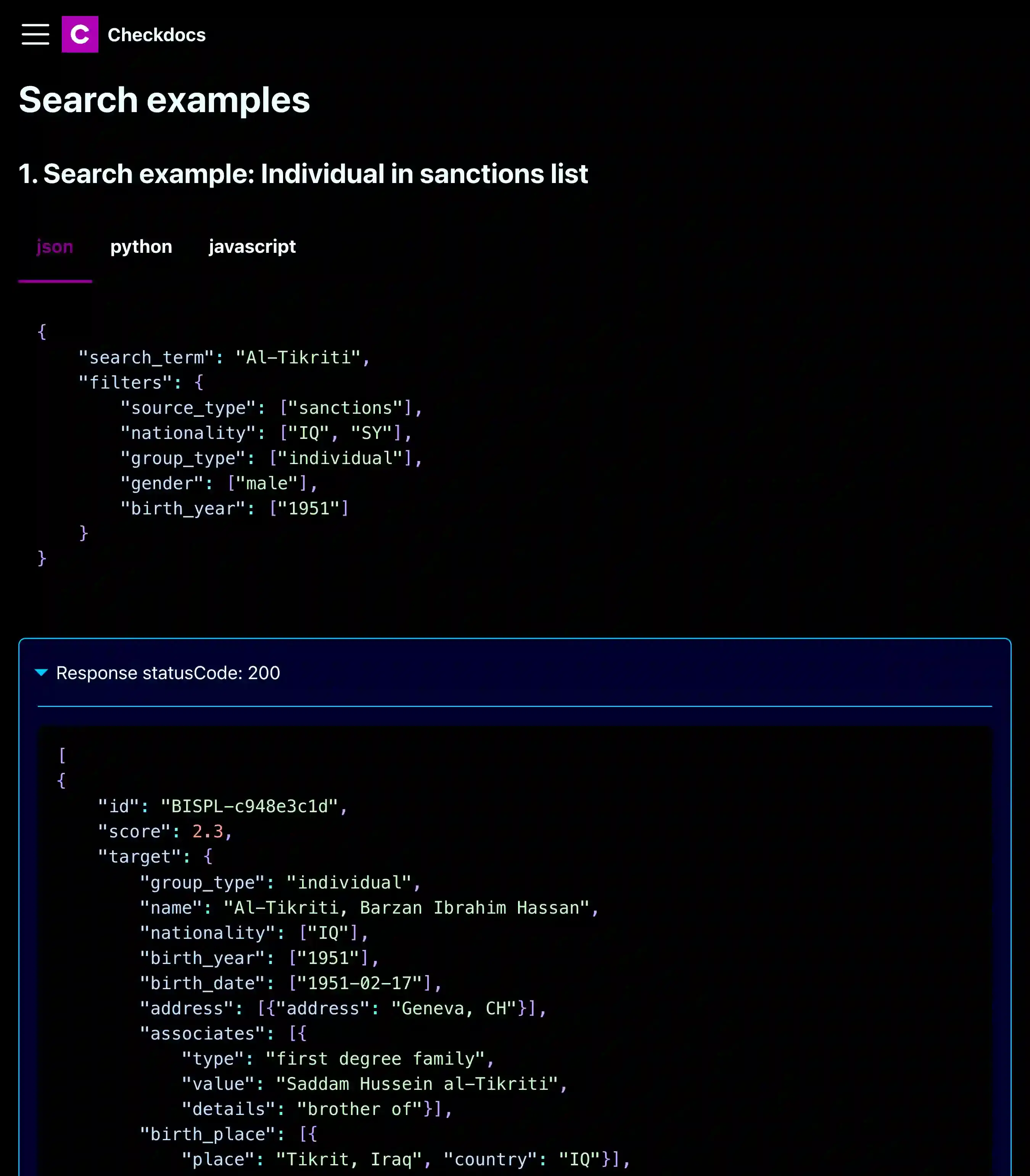 API documentation example for seamless integration of Checklynx compliance software