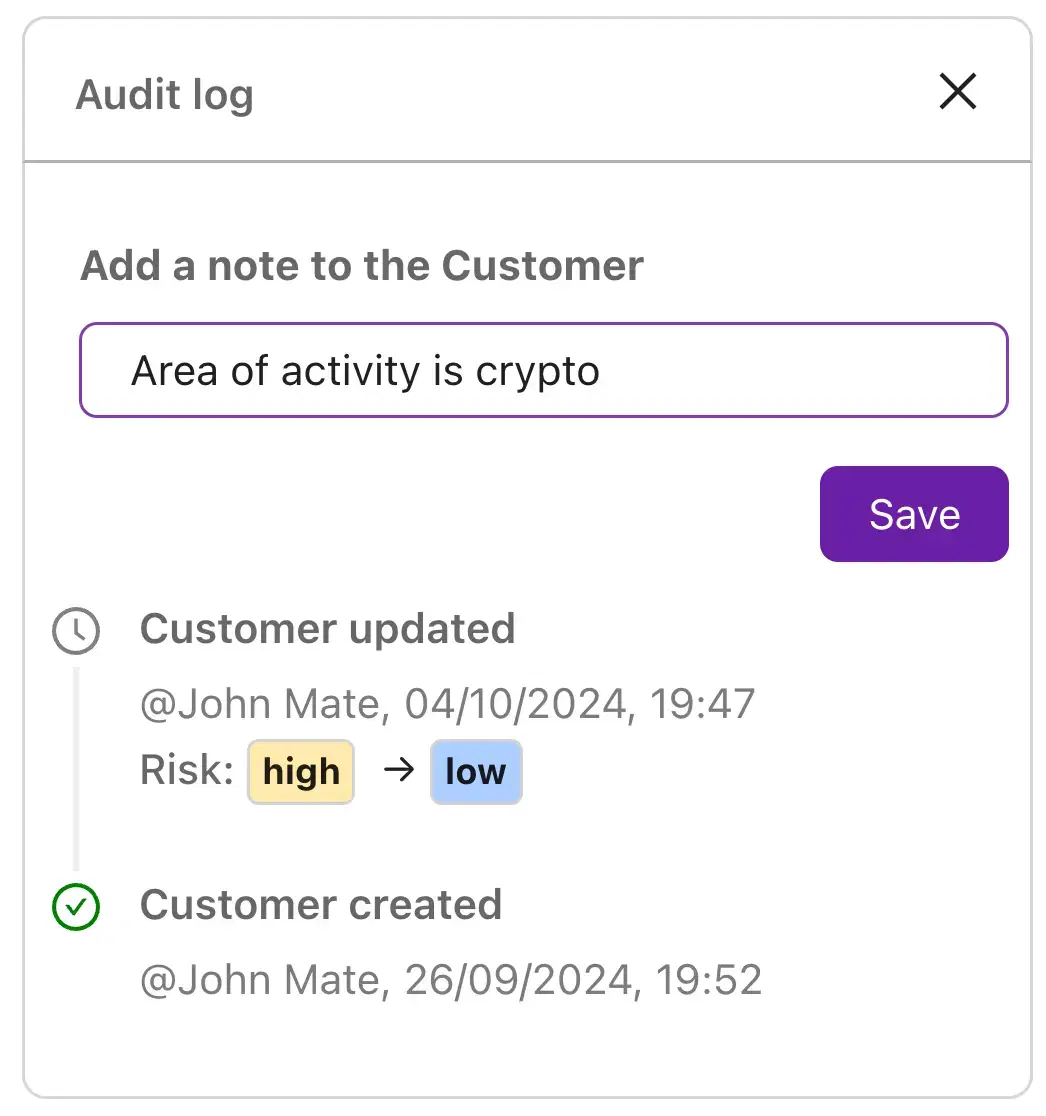 Audit log for adding notes to customer compliance records