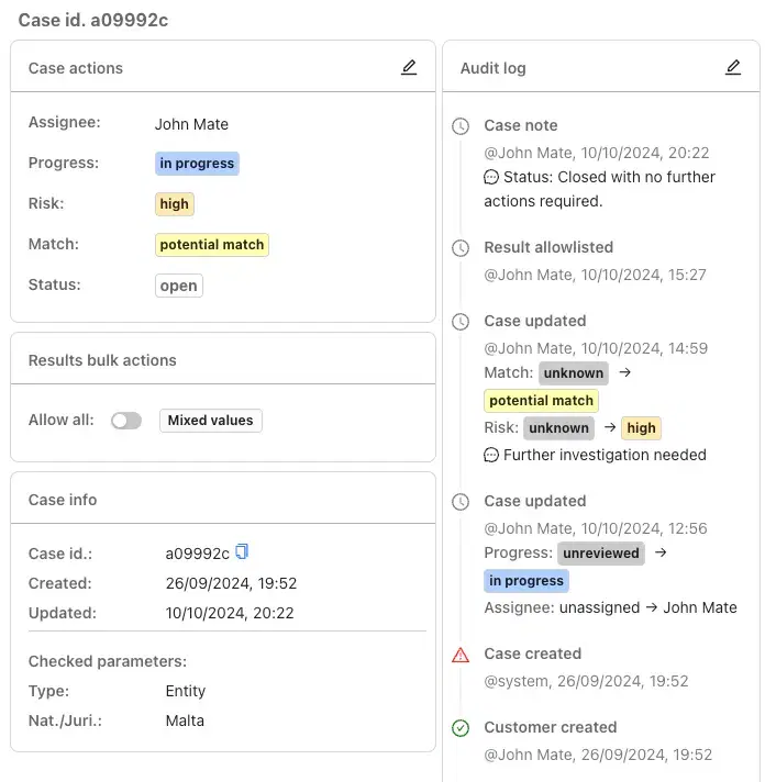 Audit log for compliance case management