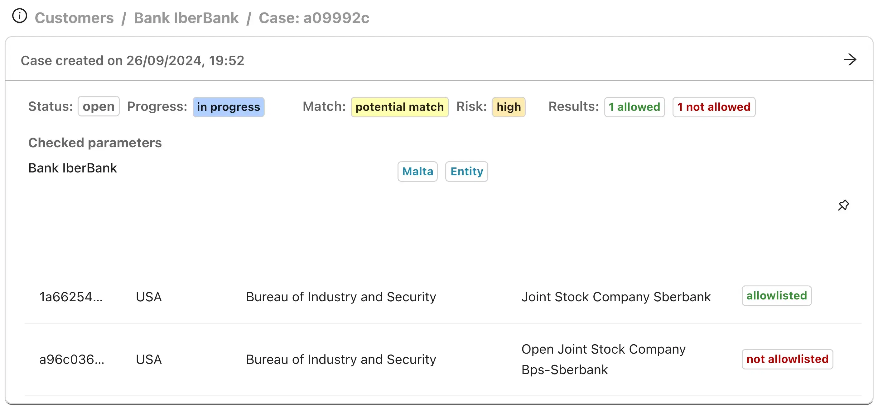 Entity results displayed for compliance case review, results can be allowlisted to avoid new alerts