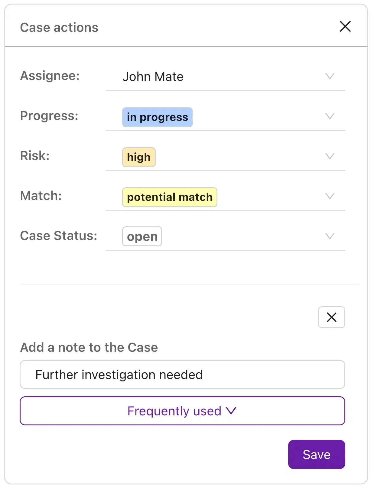 Case management actions including adding notes for compliance