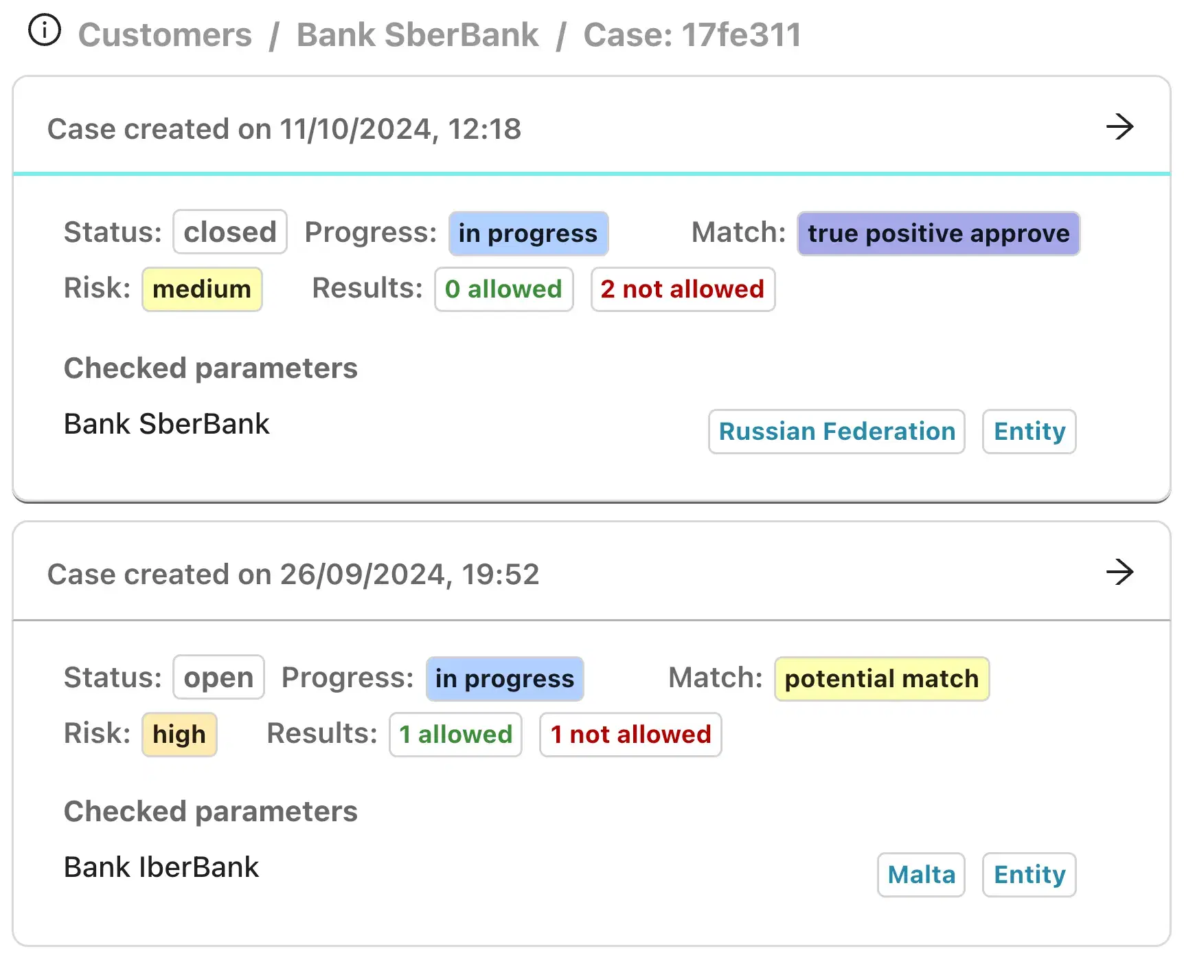 Customer case management showing ongoing monitoring and expandable result matches