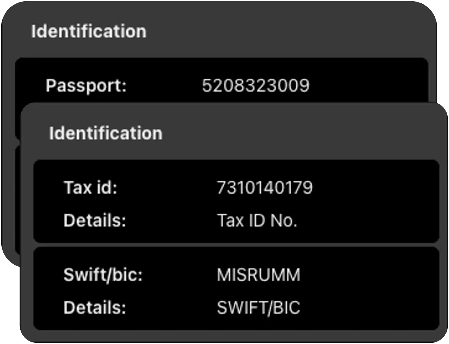 Data extraction for IDs, passports, Tax IDs, IBAN accounts, and cryptowallets into standardized formats for compliance