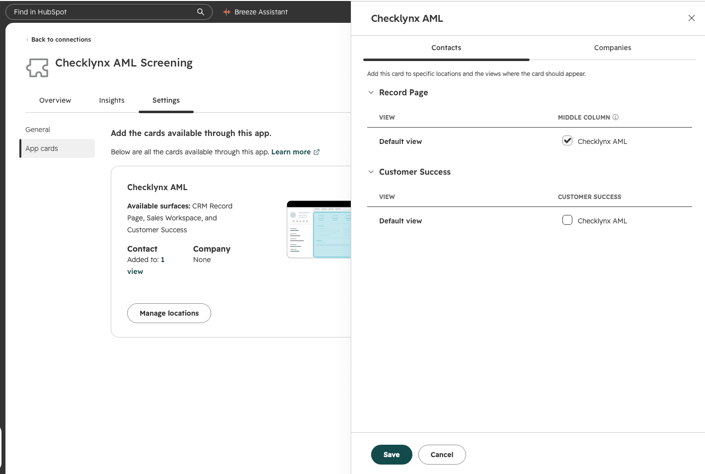 HubSpot app settings with Manage locations open and Checklynx AML enabled in the middle column of the Contacts default record view