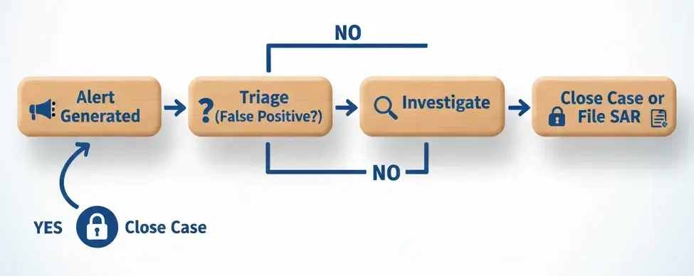 A simple flowchart showing the AML alert process: Alert Generated -> Triage (False Positive?) -> Investigate -> Close Case or File SAR.